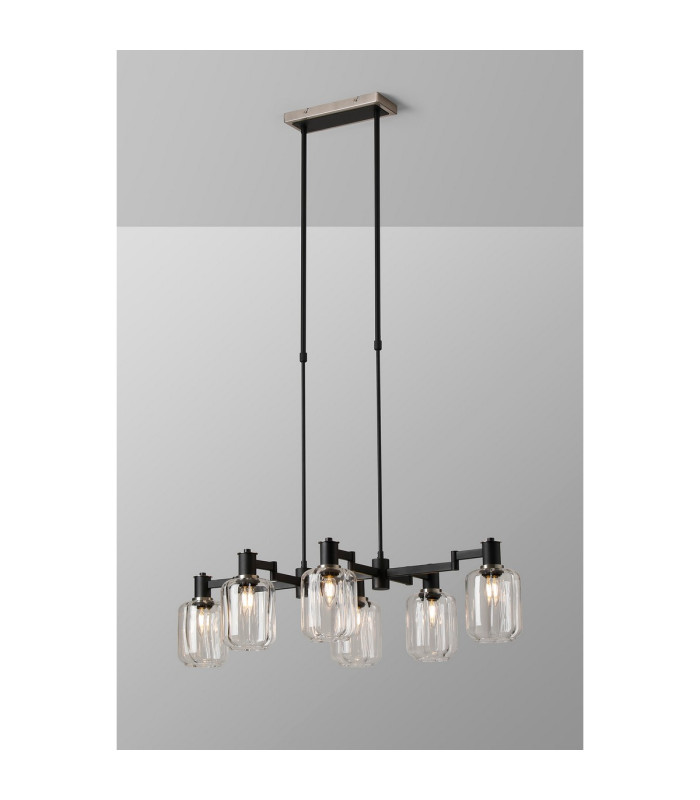 Worcester Swing Arm Telescopic Linear Pendant 6 Light E14 Satin Nickel/Satin Black/Clear Striped Cylinder Glass-3