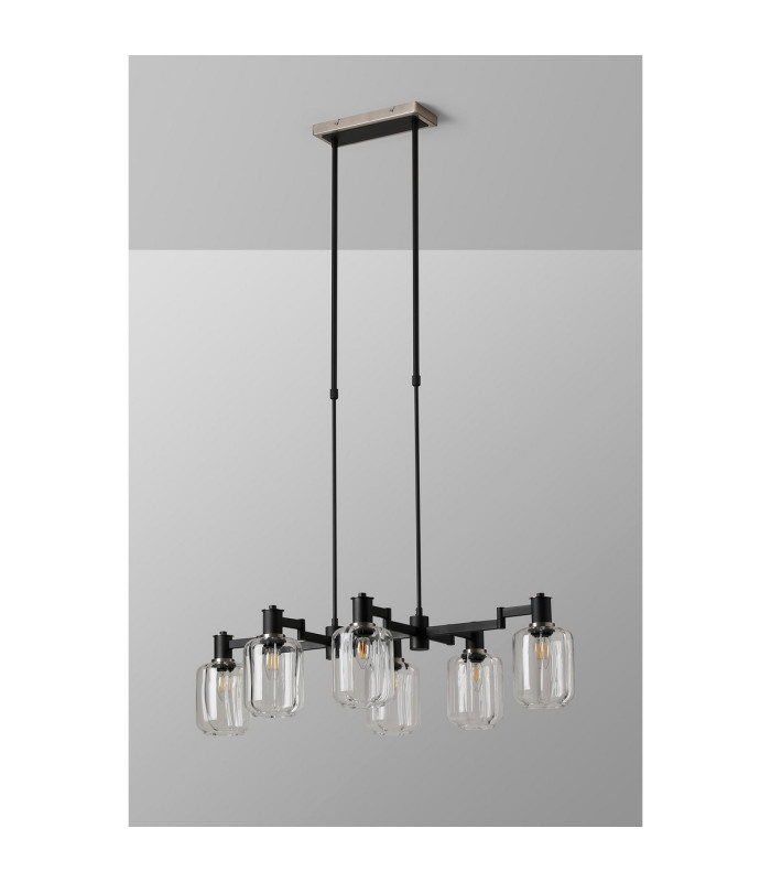 Worcester Swing Arm Telescopic Linear Pendant 6 Light E14 Satin Nickel/Satin Black/Clear Striped Cylinder Glass-9