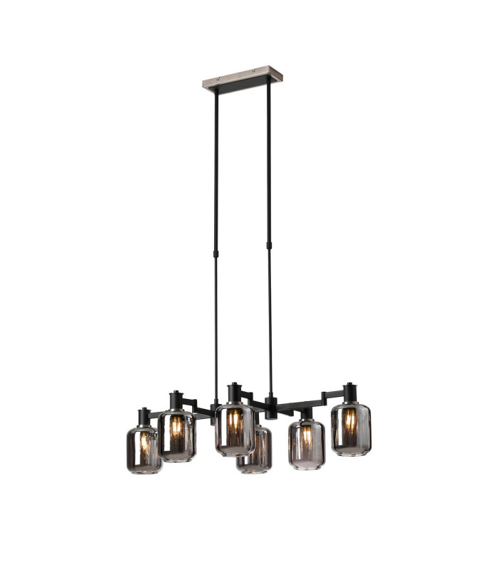 Worcester Swing Arm Telescopic Linear Pendant 6 Light E14 Satin Nickel/Satin Black/Smoke Striped Cylinder Glass-1