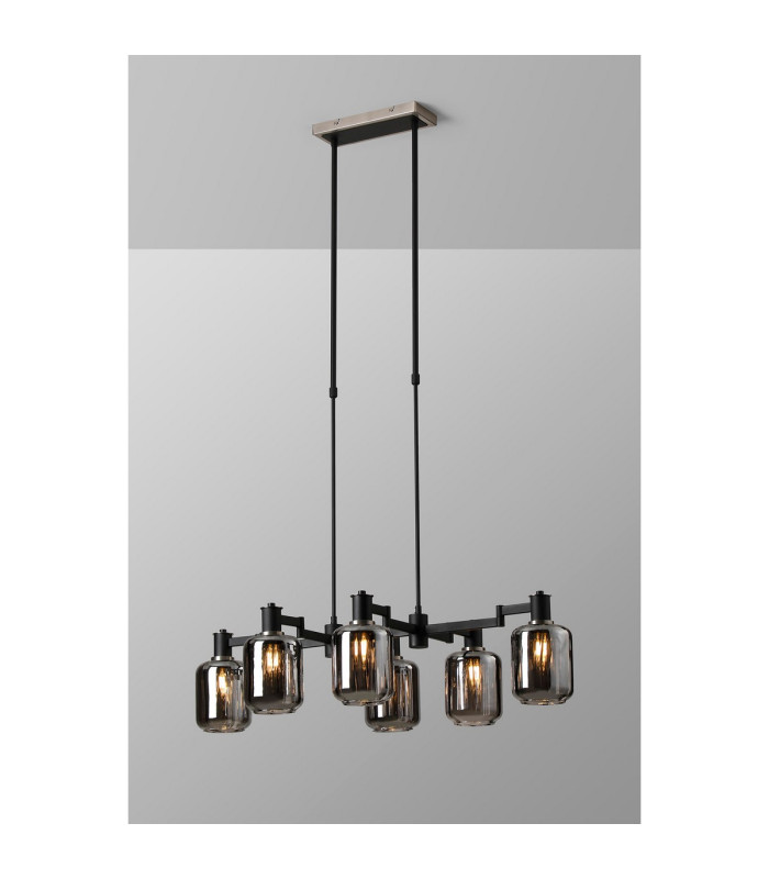 Worcester Swing Arm Telescopic Linear Pendant 6 Light E14 Satin Nickel/Satin Black/Smoke Striped Cylinder Glass-3