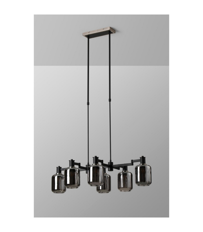 Worcester Swing Arm Telescopic Linear Pendant 6 Light E14 Satin Nickel/Satin Black/Smoke Striped Cylinder Glass-9