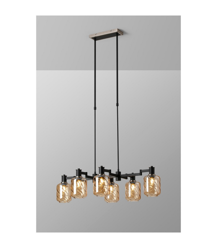 Worcester Swing Arm Telescopic Linear Pendant 6 Light E14 Satin Nickel/Satin Black/Amber Twisted Cylinder Glass-3