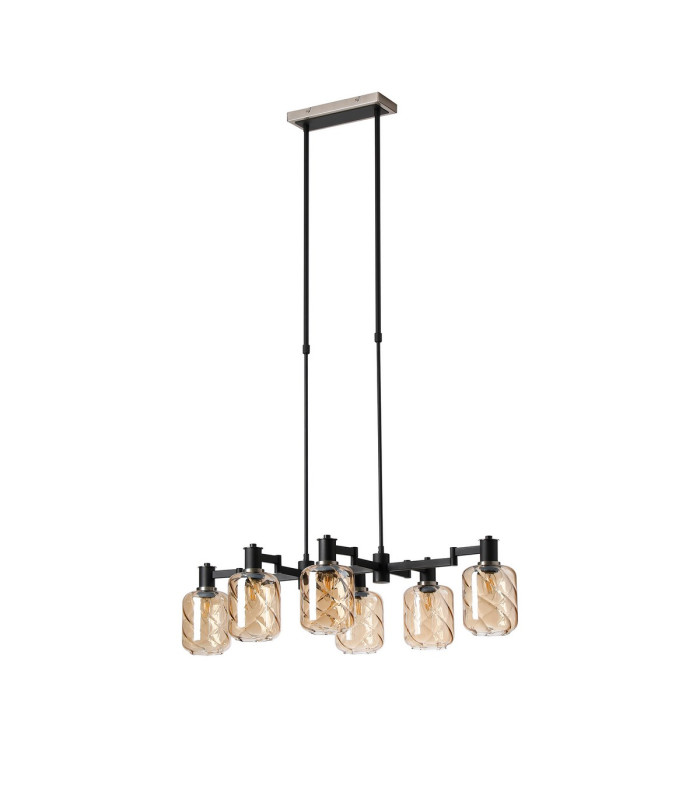 Worcester Swing Arm Telescopic Linear Pendant 6 Light E14 Satin Nickel/Satin Black/Amber Twisted Cylinder Glass-4