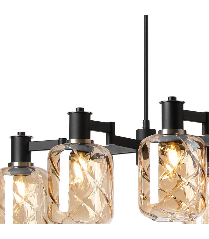 Worcester Swing Arm Telescopic Linear Pendant 6 Light E14 Satin Nickel/Satin Black/Amber Twisted Cylinder Glass-6