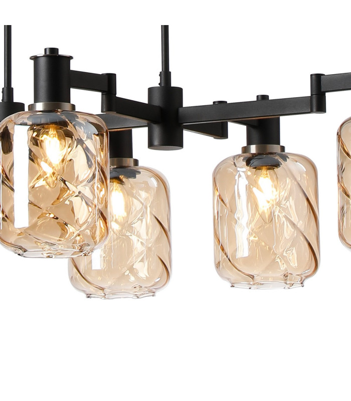 Worcester Swing Arm Telescopic Linear Pendant 6 Light E14 Satin Nickel/Satin Black/Amber Twisted Cylinder Glass-7