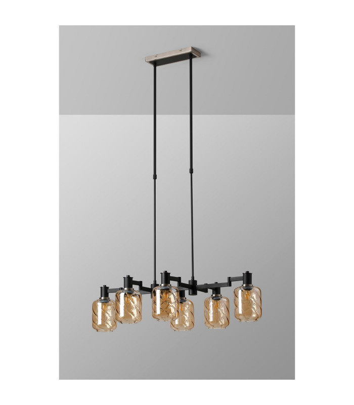 Worcester Swing Arm Telescopic Linear Pendant 6 Light E14 Satin Nickel/Satin Black/Amber Twisted Cylinder Glass-9