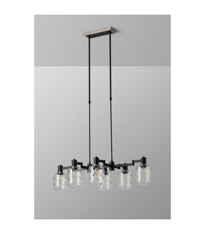 Worcester Swing Arm Telescopic Linear Pendant 6 Light E14 Satin Nickel/Satin Black/Clear Twisted Cylinder Glass-9