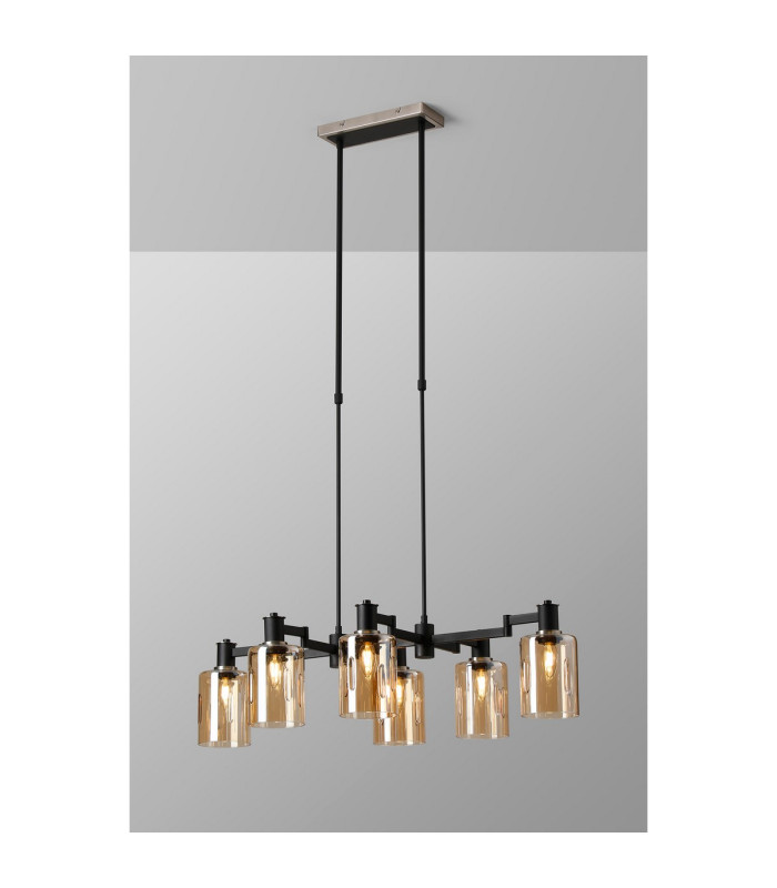 Worcester Swing Arm Telescopic Linear Pendant 6 Light E14 Satin Nickel/Satin Black/Amber Uniform Dimple Cylinder Glass-3