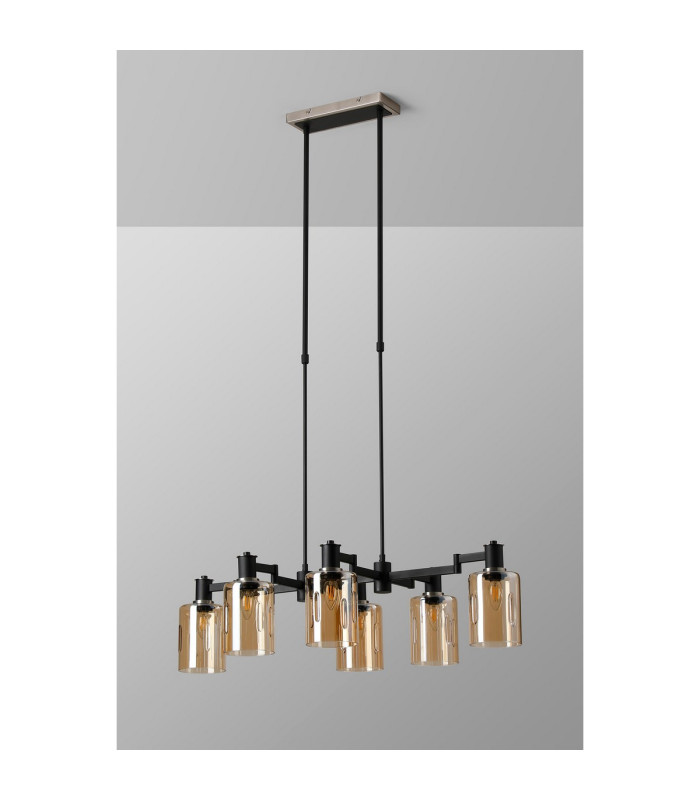 Worcester Swing Arm Telescopic Linear Pendant 6 Light E14 Satin Nickel/Satin Black/Amber Uniform Dimple Cylinder Glass-9
