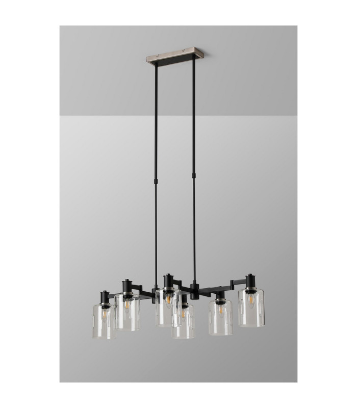 Worcester Swing Arm Telescopic Linear Pendant 6 Light E14 Satin Nickel/Satin Black/Clear Uniform Dimple Cylinder Glass-9