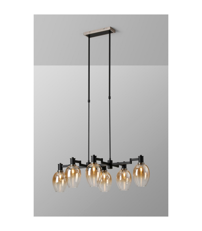 Worcester Swing Arm Telescopic Linear Pendant 6 Light E14 Satin Nickel/Satin Black/Amber Fade Wine Glass Glass-3