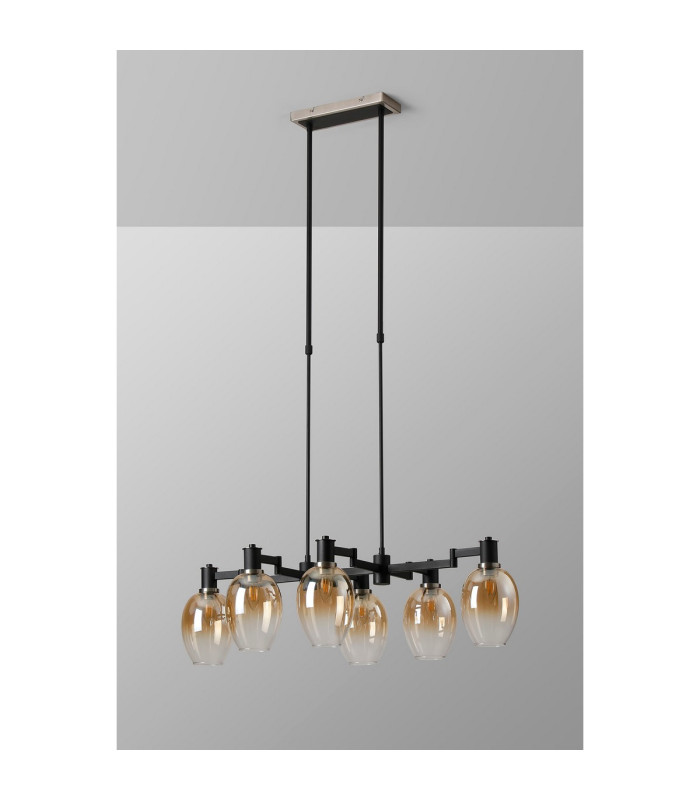 Worcester Swing Arm Telescopic Linear Pendant 6 Light E14 Satin Nickel/Satin Black/Amber Fade Wine Glass Glass-9