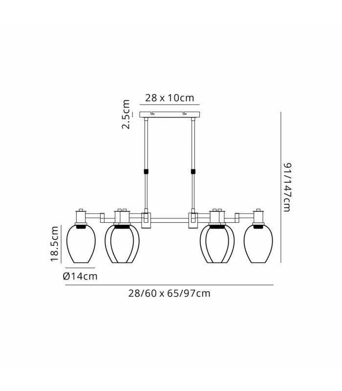 Worcester Swing Arm Telescopic Linear Pendant 6 Light E14 Satin Nickel/Satin Black/Smoke Fade Wine Glass Glass-2