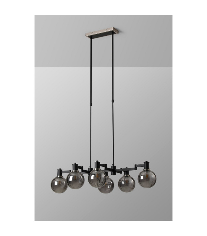 Worcester Swing Arm Telescopic Linear Pendant 6 Light E14 Satin Nickel/Satin Black/Smoke Plated Round Segment Glass-9