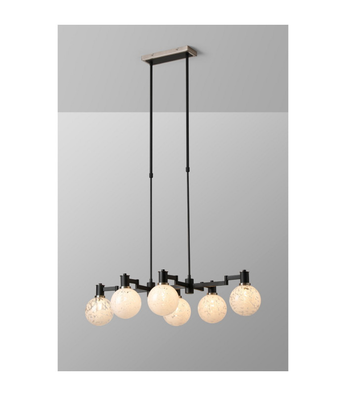 Worcester Swing Arm Telescopic Linear Pendant 6 Light E14 Satin Nickel/Satin Black/White Round Speckled Glass-3
