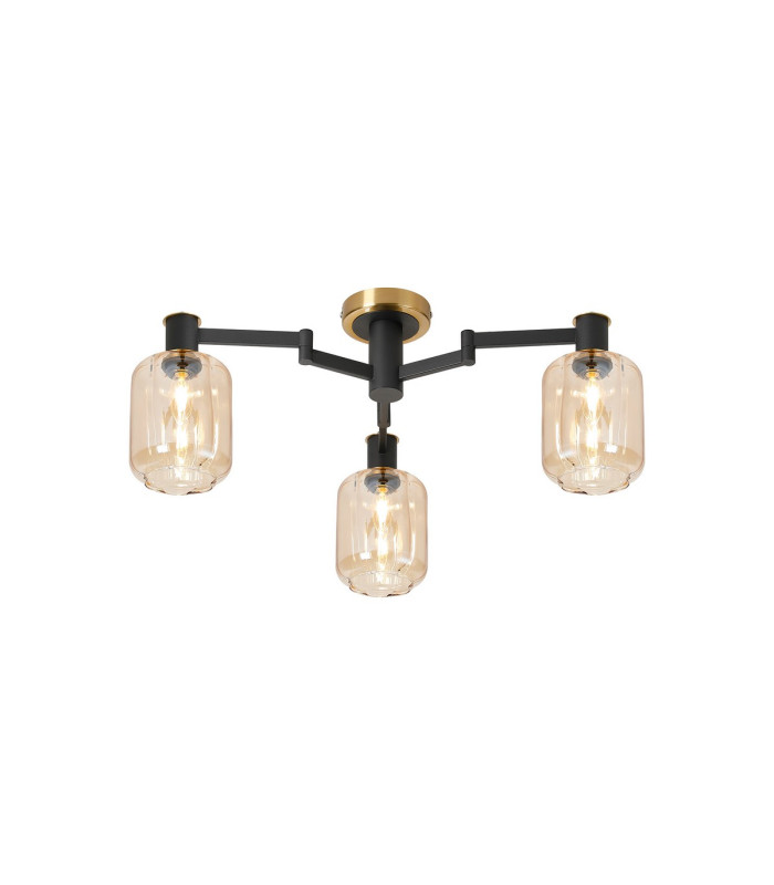 Worcester 60cm Swing Arm Flush Ceiling 3 Light E14 Brass/Satin Black/Amber Striped Cylinder Glass-1
