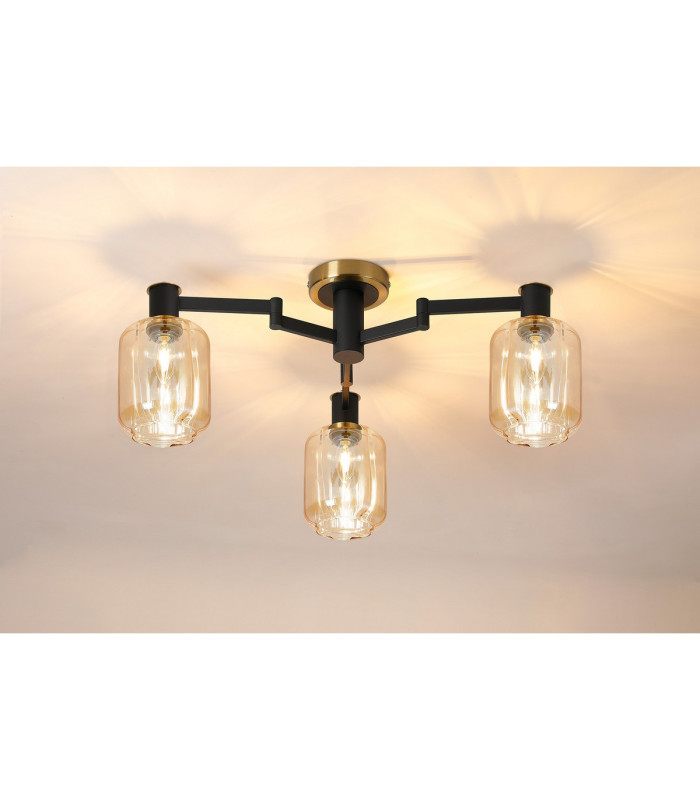 Worcester 60cm Swing Arm Flush Ceiling 3 Light E14 Brass/Satin Black/Amber Striped Cylinder Glass-3
