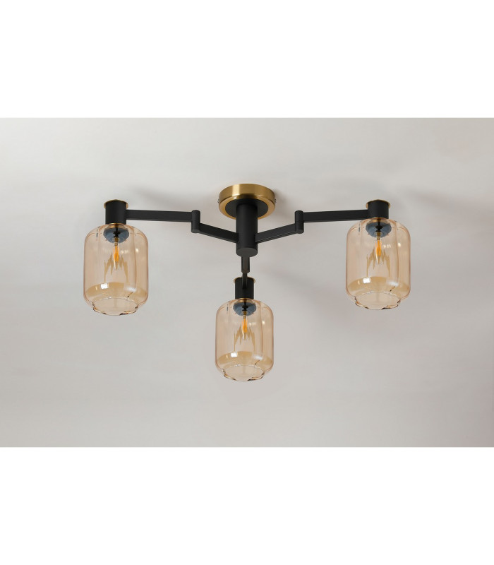 Worcester 60cm Swing Arm Flush Ceiling 3 Light E14 Brass/Satin Black/Amber Striped Cylinder Glass-9