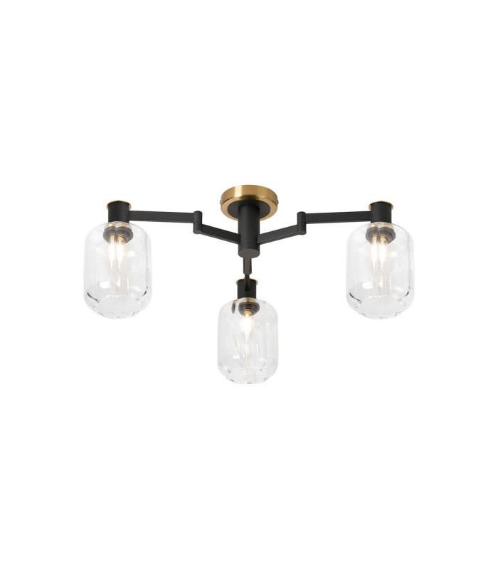 Worcester 60cm Swing Arm Flush Ceiling 3 Light E14 Brass/Satin Black/Clear Striped Cylinder Glass-1