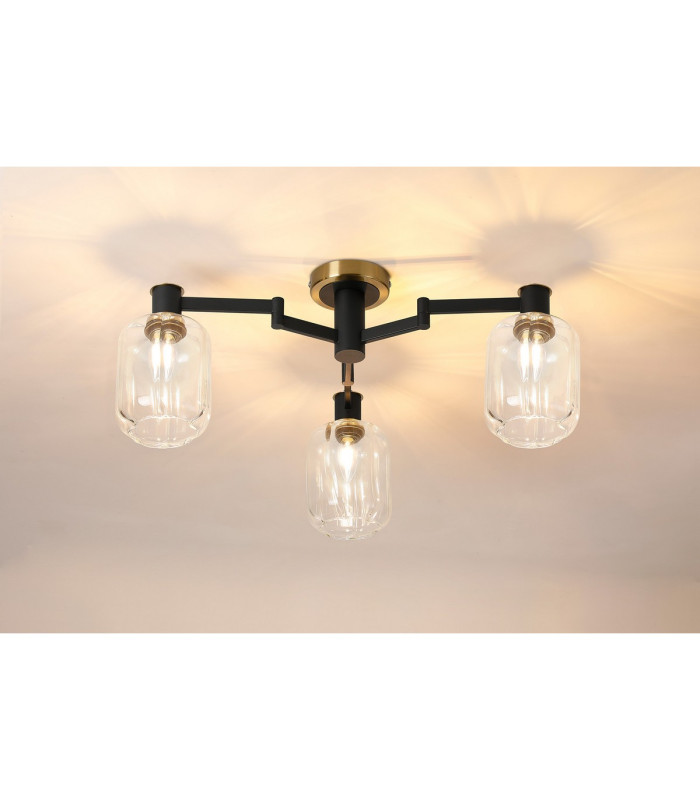 Worcester 60cm Swing Arm Flush Ceiling 3 Light E14 Brass/Satin Black/Clear Striped Cylinder Glass-3