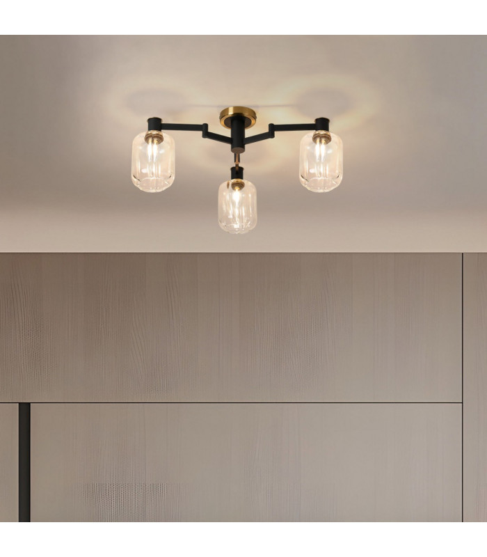 Worcester 60cm Swing Arm Flush Ceiling 3 Light E14 Brass/Satin Black/Clear Striped Cylinder Glass-4