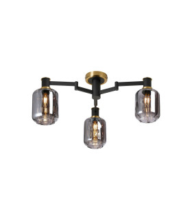 Worcester 60cm Swing Arm Flush Ceiling 3 Light E14 Brass/Satin Black/Smoke Striped Cylinder Glass-1