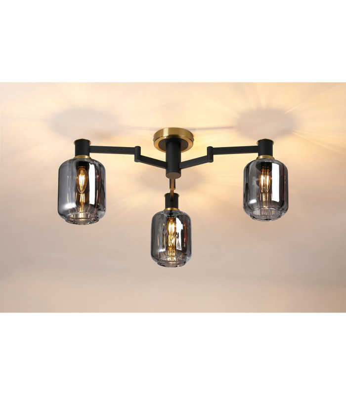 Worcester 60cm Swing Arm Flush Ceiling 3 Light E14 Brass/Satin Black/Smoke Striped Cylinder Glass-3