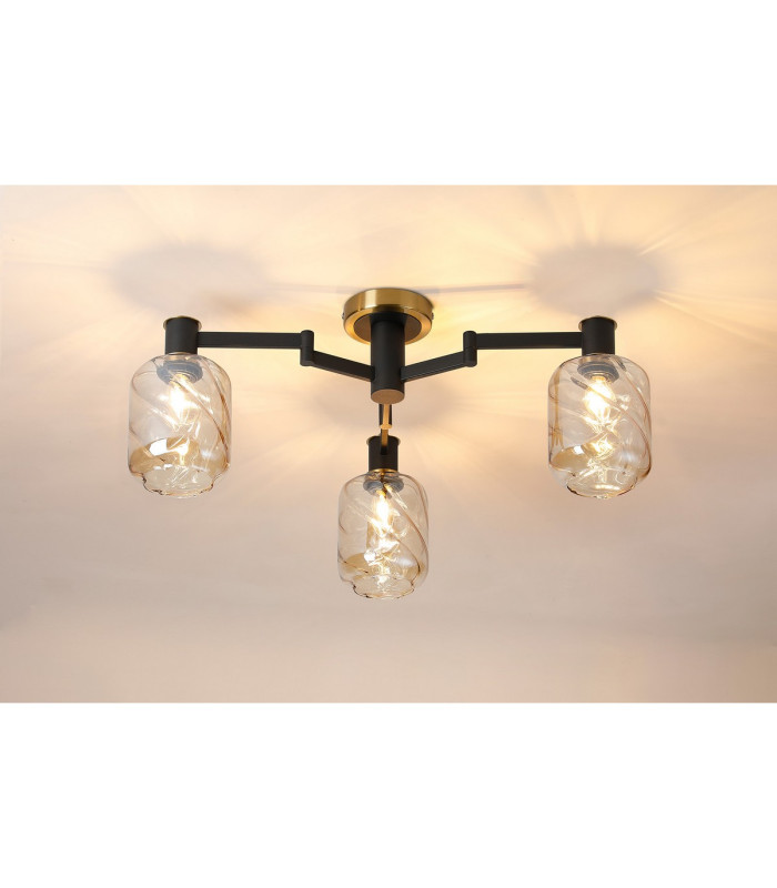 Worcester 60cm Swing Arm Flush Ceiling 3 Light E14 Brass/Satin Black/Amber Twisted Cylinder Glass-3