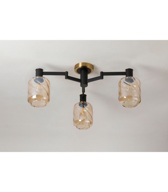 Worcester 60cm Swing Arm Flush Ceiling 3 Light E14 Brass/Satin Black/Amber Twisted Cylinder Glass-9