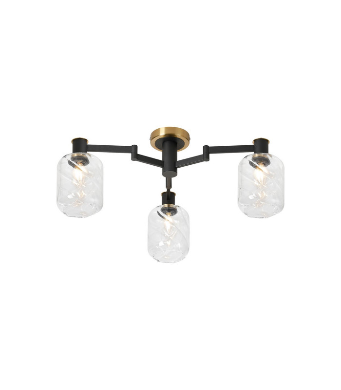 Worcester 60cm Swing Arm Flush Ceiling 3 Light E14 Brass/Satin Black/Clear Twisted Cylinder Glass-1