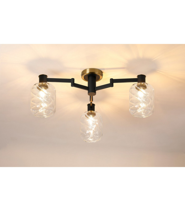 Worcester 60cm Swing Arm Flush Ceiling 3 Light E14 Brass/Satin Black/Clear Twisted Cylinder Glass-3