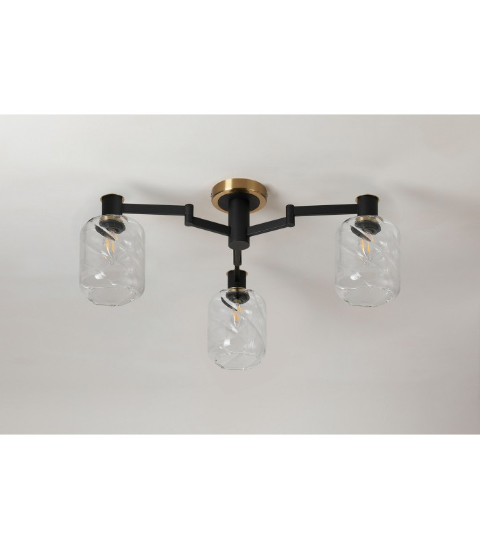 Worcester 60cm Swing Arm Flush Ceiling 3 Light E14 Brass/Satin Black/Clear Twisted Cylinder Glass-9