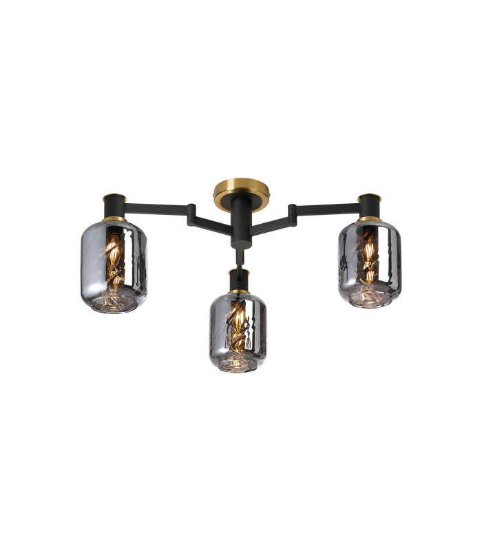 Worcester 60cm Swing Arm Flush Ceiling 3 Light E14 Brass/Satin Black/Smoke Twisted Cylinder Glass-1