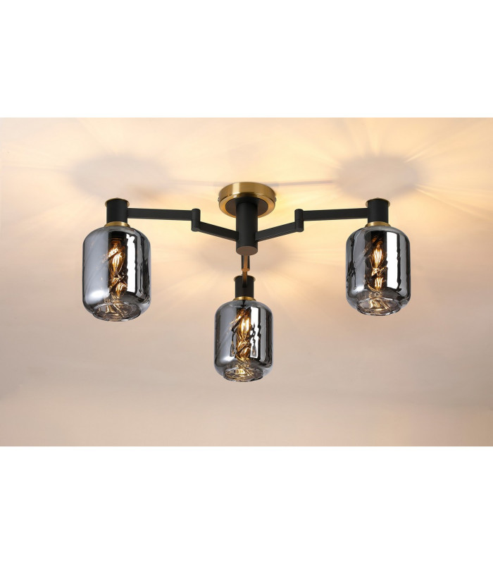 Worcester 60cm Swing Arm Flush Ceiling 3 Light E14 Brass/Satin Black/Smoke Twisted Cylinder Glass-3