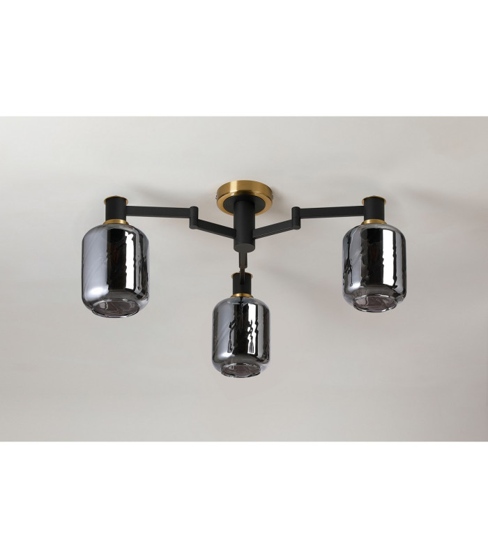 Worcester 60cm Swing Arm Flush Ceiling 3 Light E14 Brass/Satin Black/Smoke Twisted Cylinder Glass-9