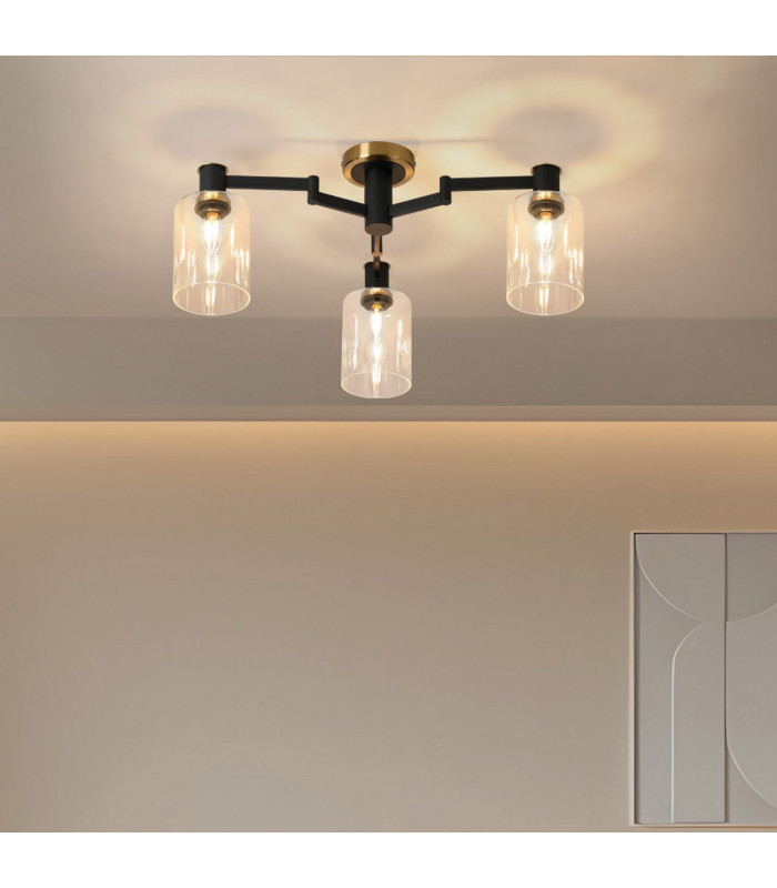 Worcester 59cm Swing Arm Flush Ceiling 3 Light E14 Brass/Satin Black/Clear Uniform Dimple Cylinder Glass-4