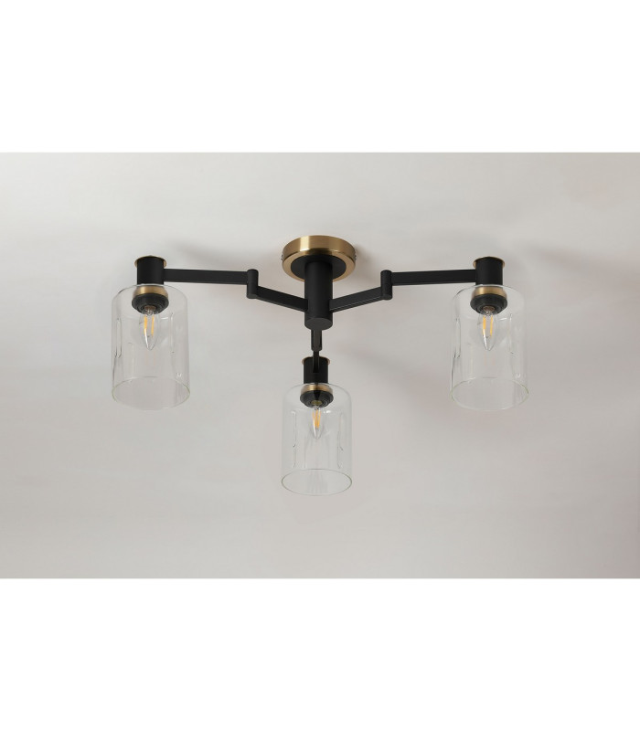 Worcester 59cm Swing Arm Flush Ceiling 3 Light E14 Brass/Satin Black/Clear Uniform Dimple Cylinder Glass-10