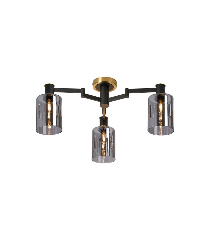 Worcester 59cm Swing Arm Flush Ceiling 3 Light E14 Brass/Satin Black/Smoke Uniform Dimple Cylinder Glass-1
