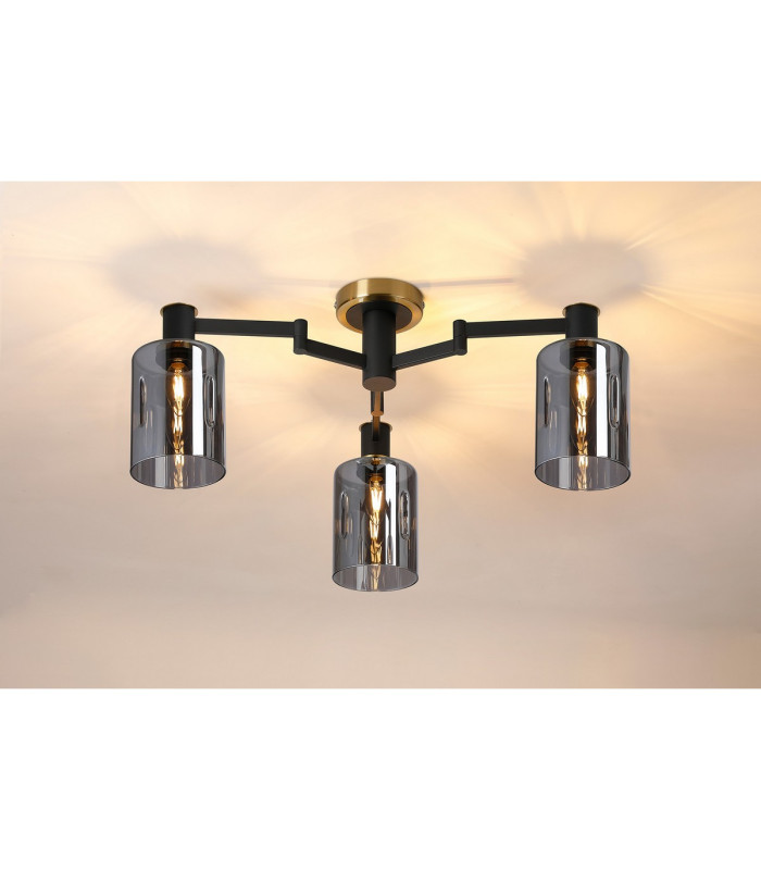 Worcester 59cm Swing Arm Flush Ceiling 3 Light E14 Brass/Satin Black/Smoke Uniform Dimple Cylinder Glass-3