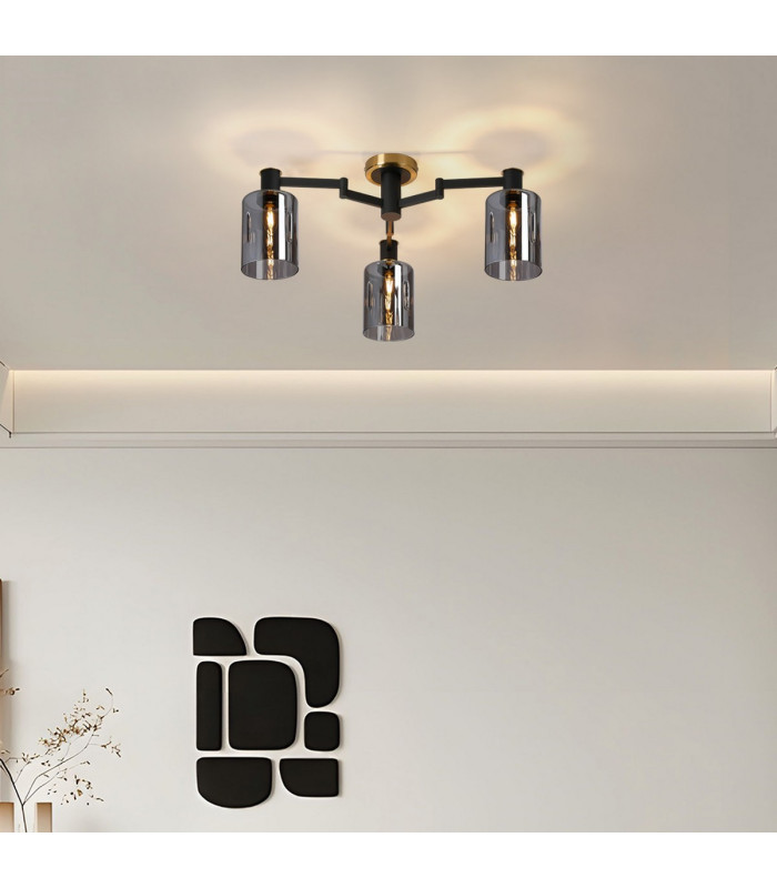 Worcester 59cm Swing Arm Flush Ceiling 3 Light E14 Brass/Satin Black/Smoke Uniform Dimple Cylinder Glass-4