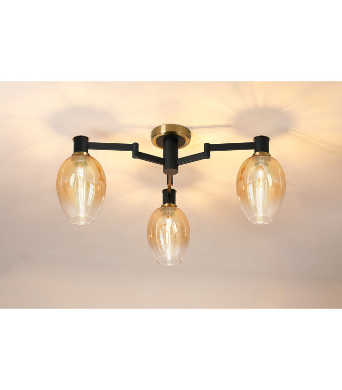 Worcester 61cm Swing Arm Flush Ceiling 3 Light E14 Brass/Satin Black/Amber Fade Wine Glass Glass-3