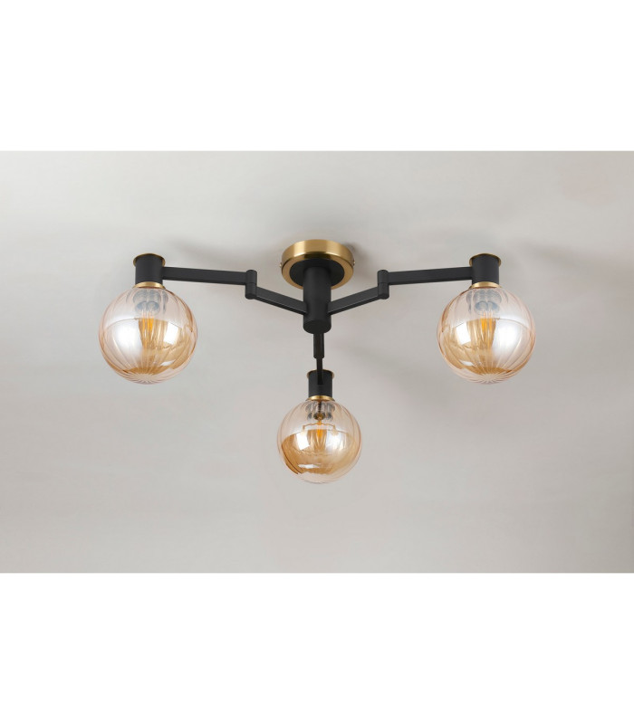 Worcester 62cm Swing Arm Flush Ceiling 3 Light E14 Brass/Satin Black/Amber Plated Round Segment Glass-10