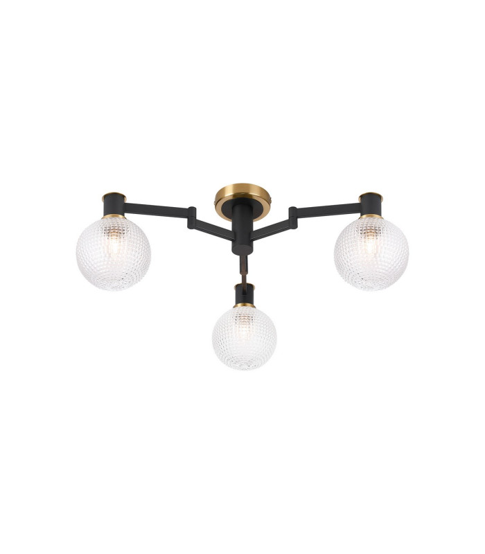 Worcester 62cm Swing Arm Flush Ceiling 3 Light E14 Brass/Satin Black/Clear Round Textured Diamond Pattern Glass-1