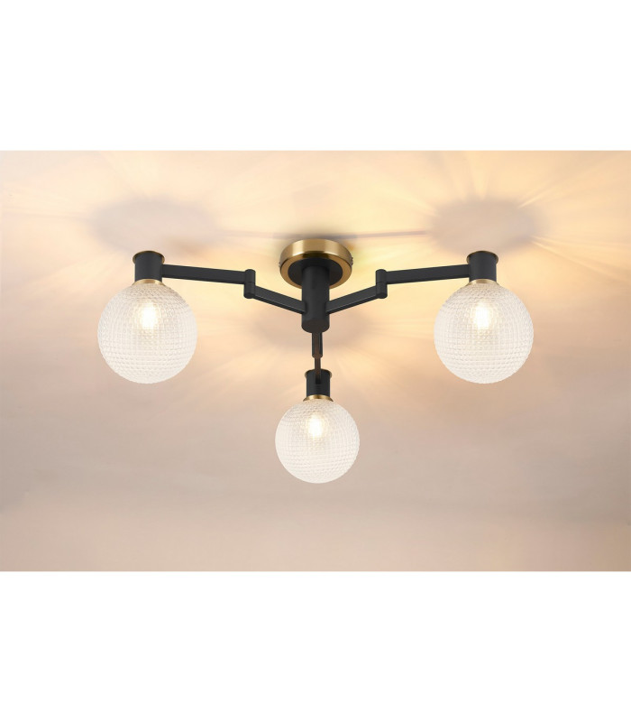 Worcester 62cm Swing Arm Flush Ceiling 3 Light E14 Brass/Satin Black/Clear Round Textured Diamond Pattern Glass-3