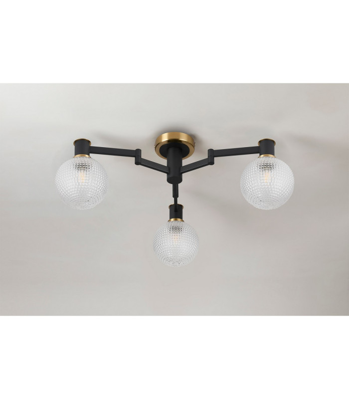 Worcester 62cm Swing Arm Flush Ceiling 3 Light E14 Brass/Satin Black/Clear Round Textured Diamond Pattern Glass-10