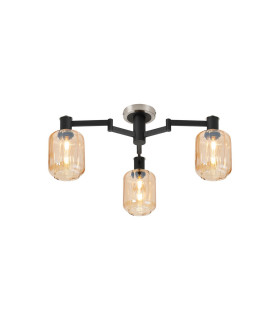 Worcester 60cm Swing Arm Flush Ceiling 3 Light E14 Satin Nickel/Satin Black/Amber Striped Cylinder Glass-1