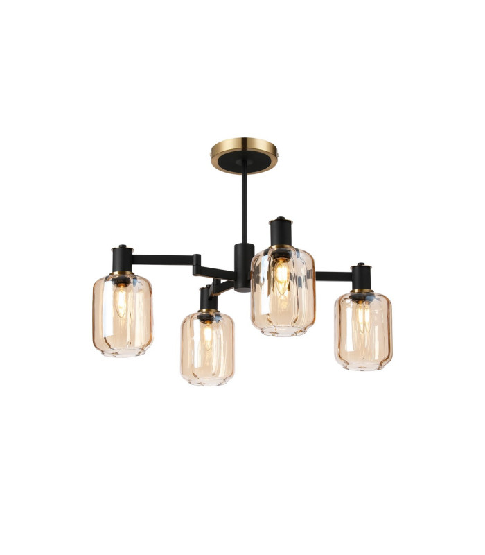 Worcester Swing Arm Semi Ceiling 4 Light E14 Brass/Satin Black/Amber Striped Cylinder Glass-1