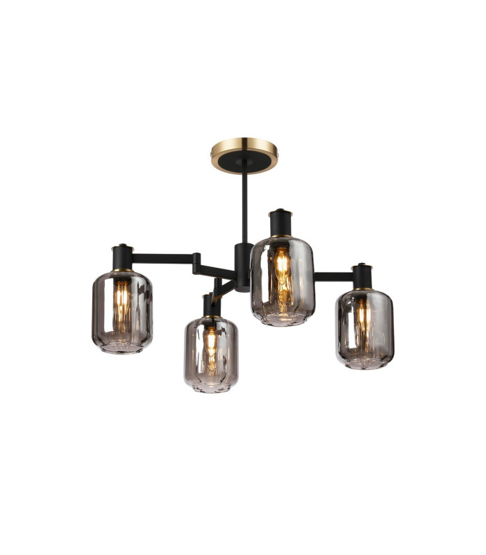 Worcester Swing Arm Semi Ceiling 4 Light E14 Brass/Satin Black/Smoke Striped Cylinder Glass-1