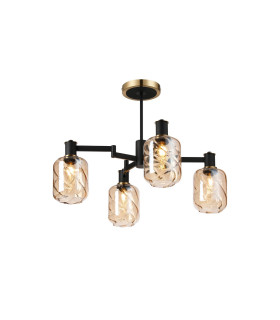 Worcester Swing Arm Semi Ceiling 4 Light E14 Brass/Satin Black/Amber Twisted Cylinder Glass-1