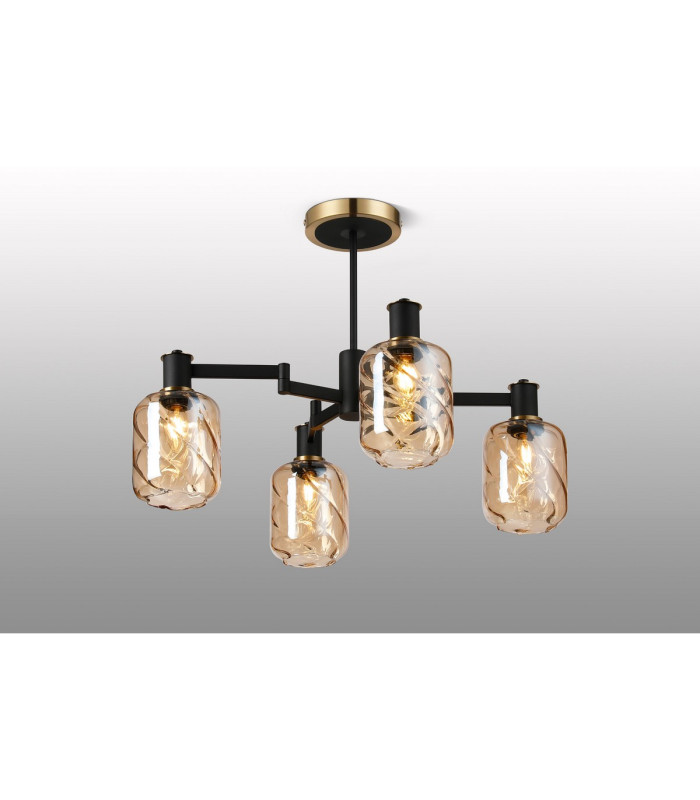 Worcester Swing Arm Semi Ceiling 4 Light E14 Brass/Satin Black/Amber Twisted Cylinder Glass-3